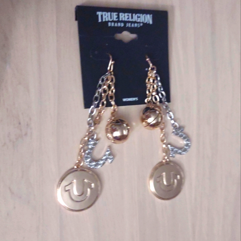 True Religion Gold Medallion Silver Logo Charm Dangle Chain Earrings Bling
